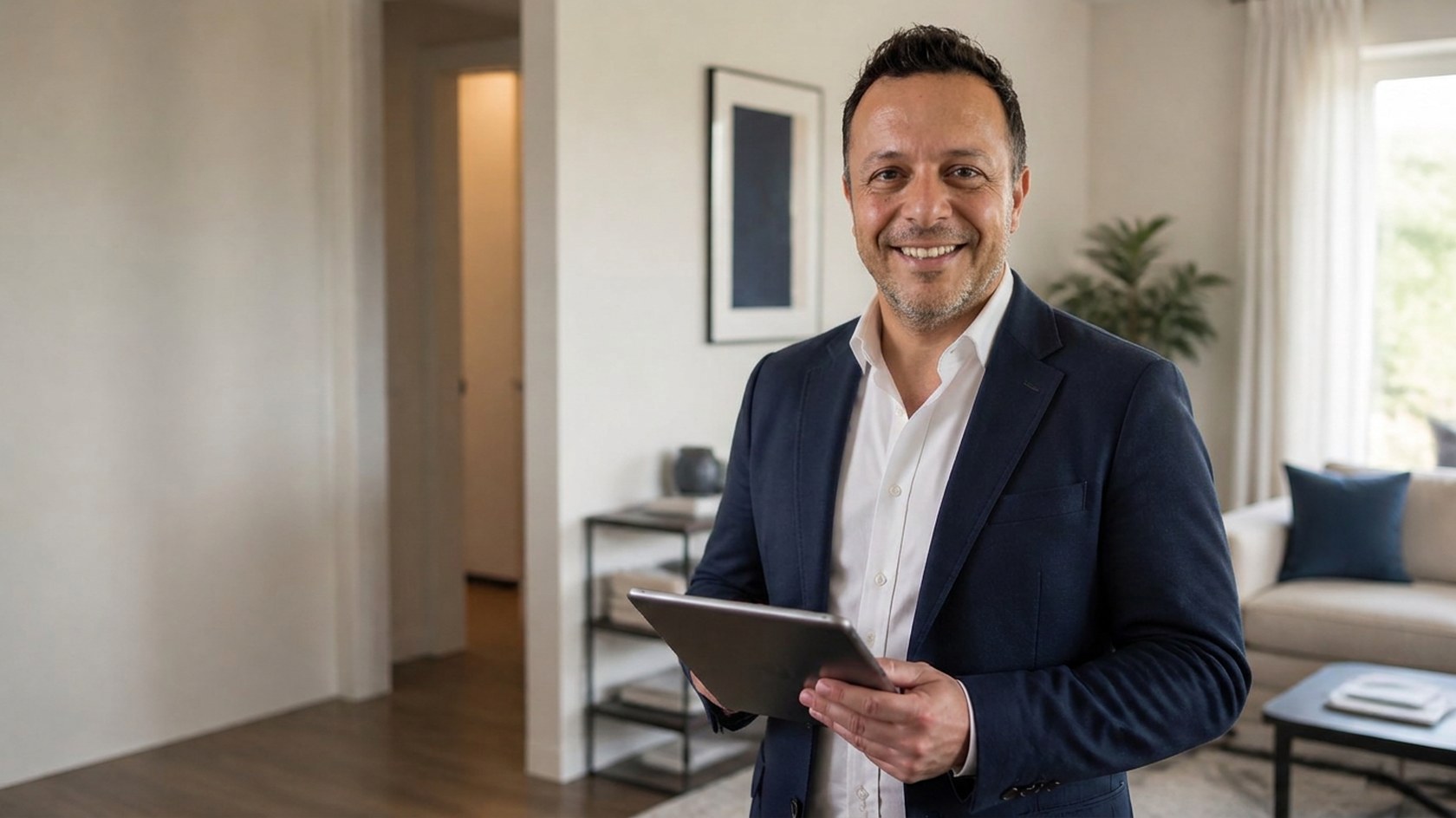 Marco Lodi, geometra, durante un sopralluogo con il tablet in un'abitazione