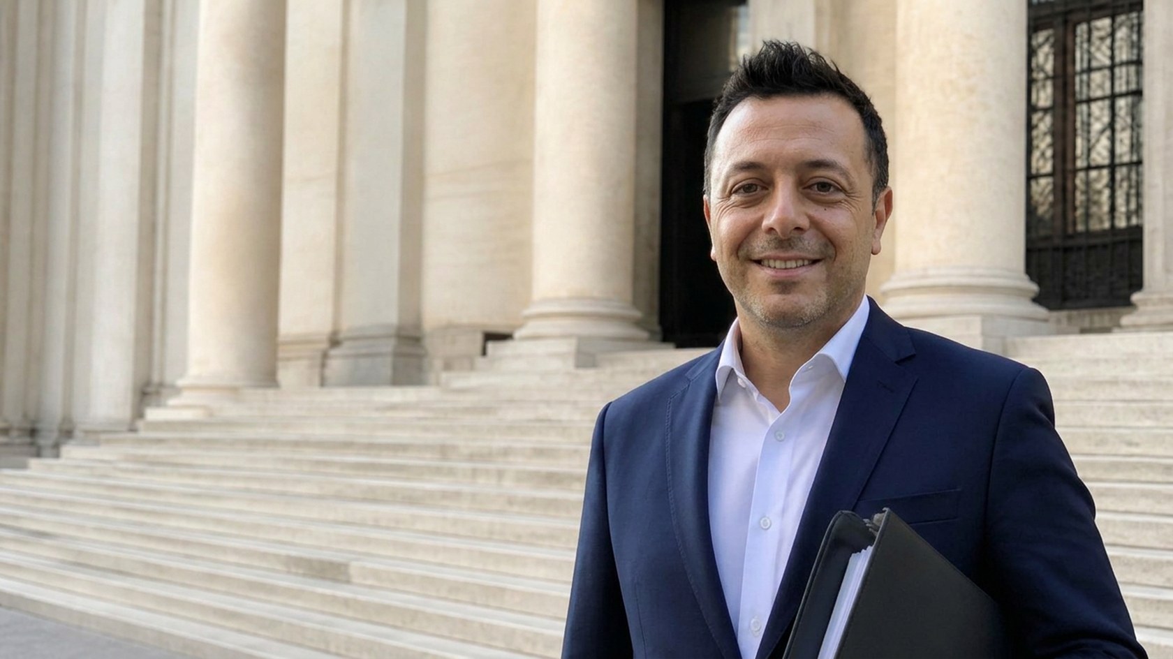 Marco Lodi, geometra, davanti a un tribunale con la documentazione della perizia giurata