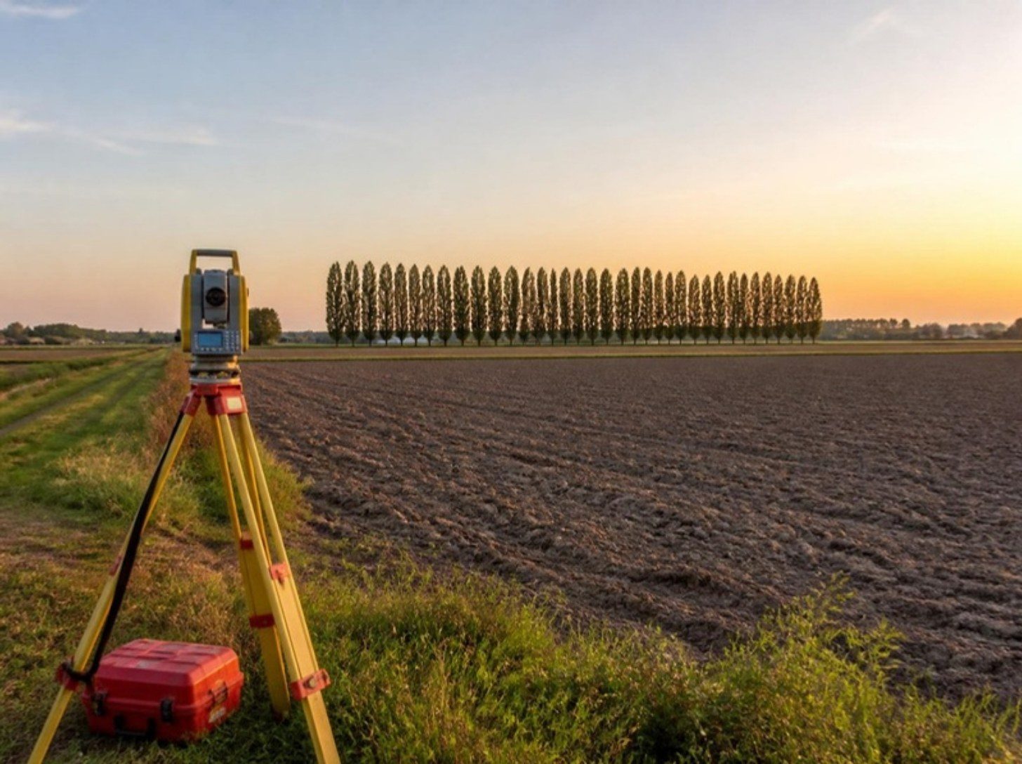 Stazione totale su treppiede a bordo di un campo agricolo al tramonto